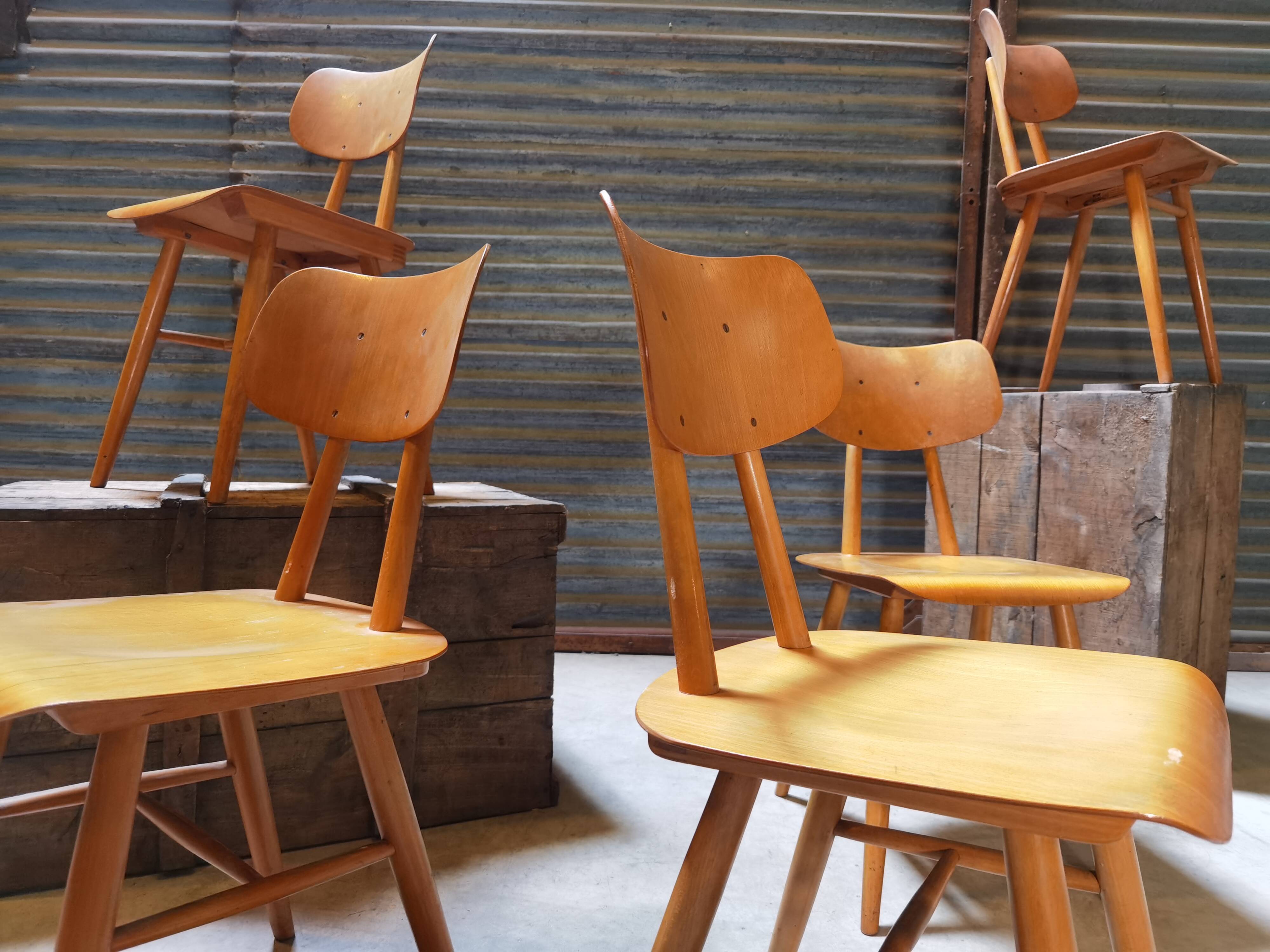 Set of 5 all-wood chairs published by Ton 1960