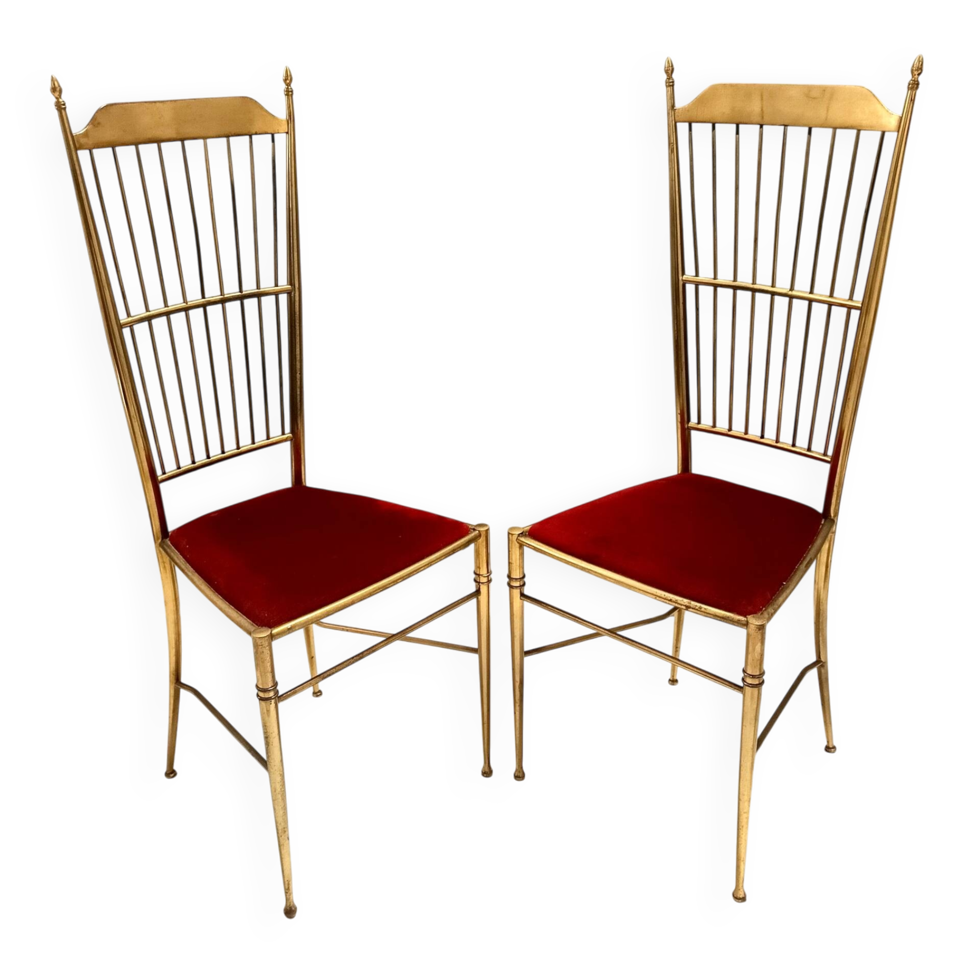 Pair of Vintage Brass and Red Velvet Chiavarine Chairs, Italy