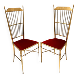 Pair of Vintage Brass and Red Velvet Chiavarine Chairs, Italy