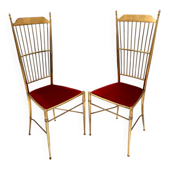 Paire de chaises Chiavarine vintage en laiton et velours rouge, Italie