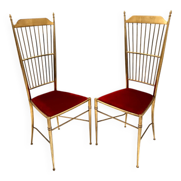 Paire de chaises Chiavarine vintage en laiton et velours rouge, Italie