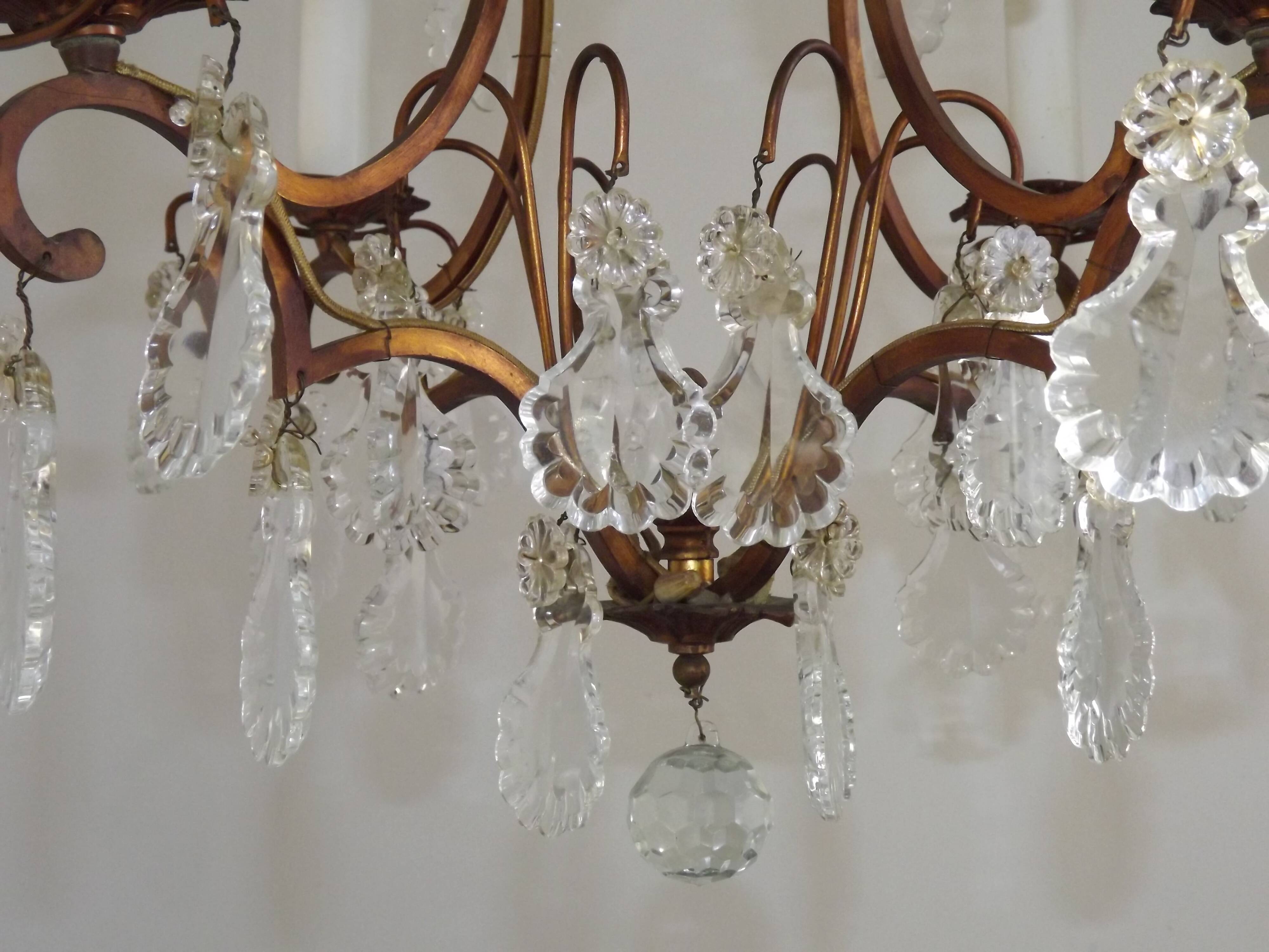 1940s French Vintage Bronze Glass and Crystal 4 Light Chandelier 4679