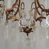 1940s French Vintage Bronze Glass and Crystal 4 Light Chandelier 4679