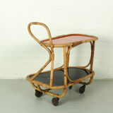 Bamboo Bar Cart Tea Trolley with black and red shelf, 1940s