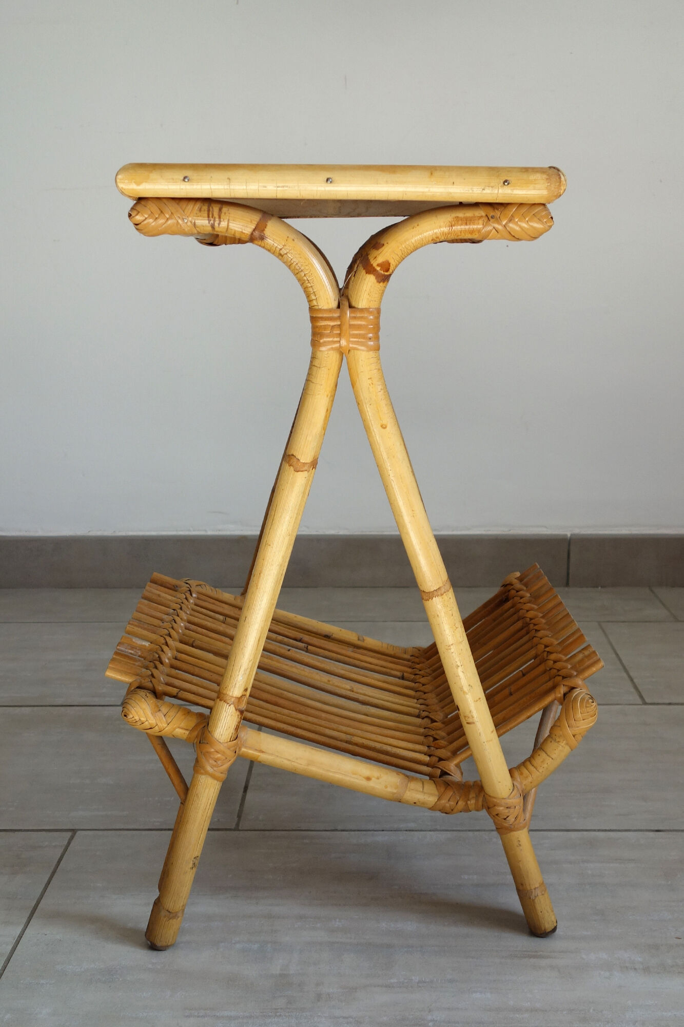 Porte vinyles/revues rotin bambou vintage