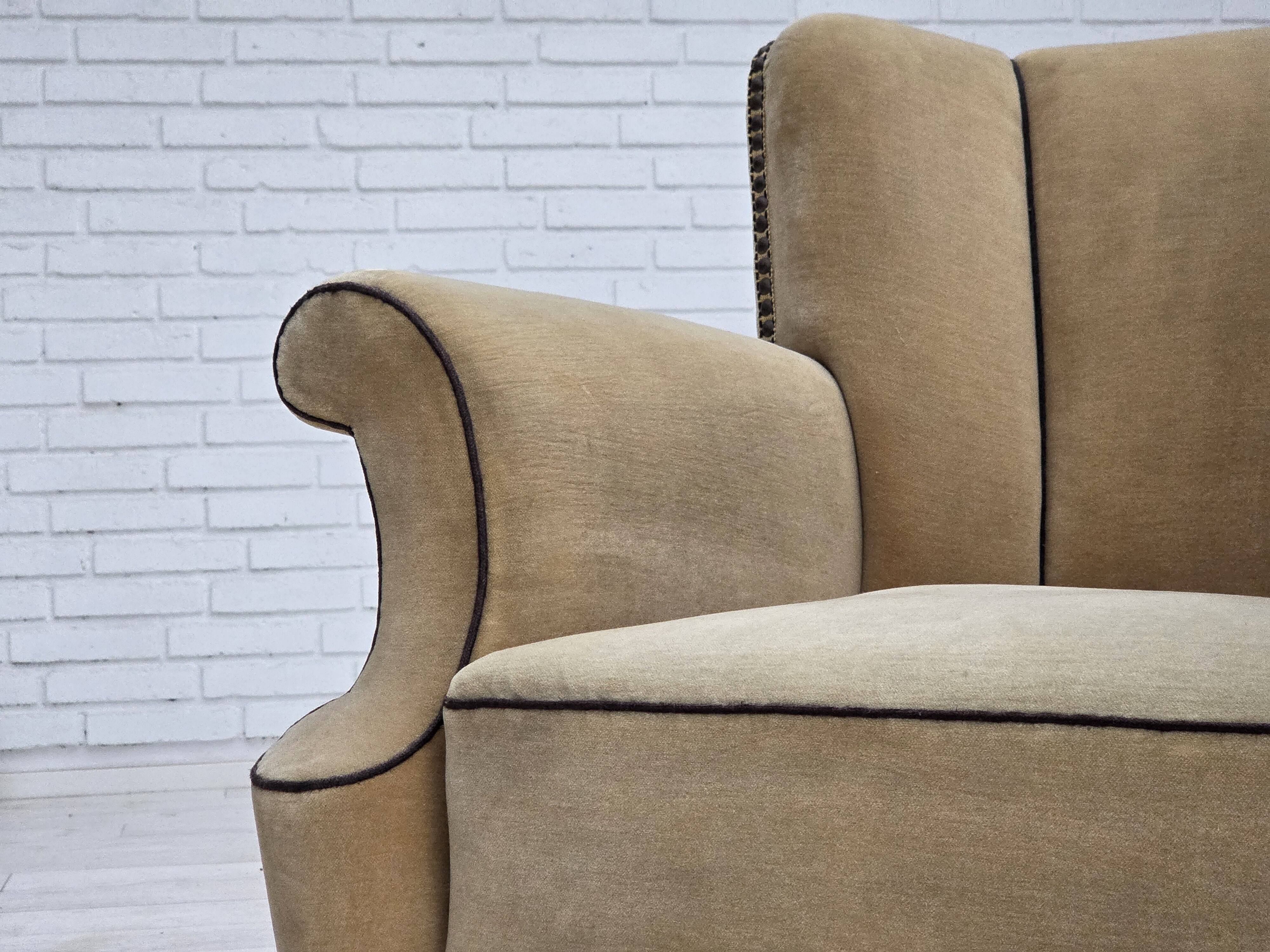 1950s, Danish relax chair, furniture velour with patina, oak wood legs.