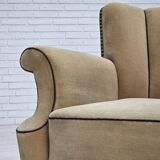 1950s, Danish relax chair, furniture velour with patina, oak wood legs.