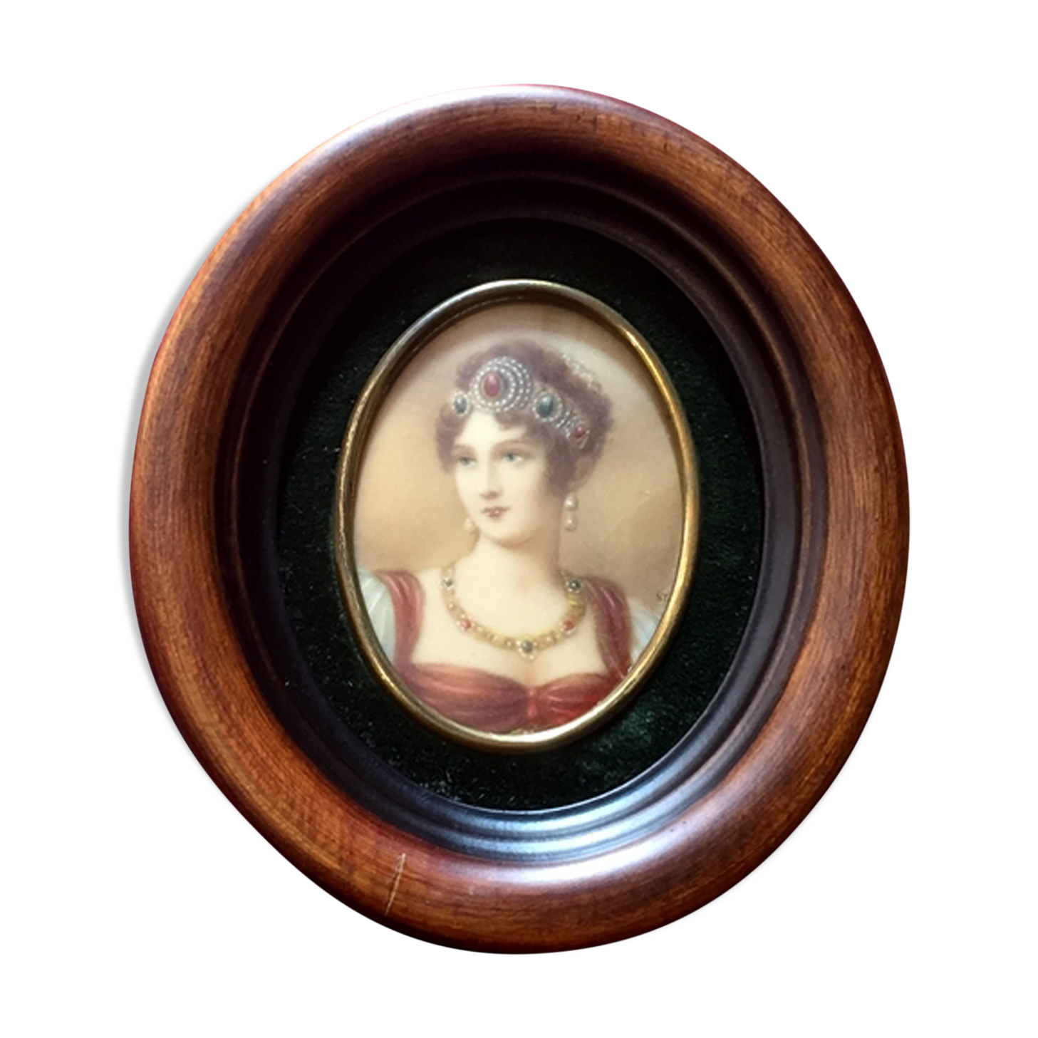 Miniature on ivory young woman elegant oval frame