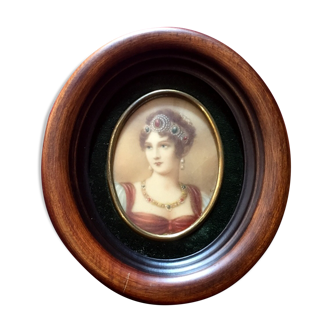 Miniature on ivory young woman elegant oval frame