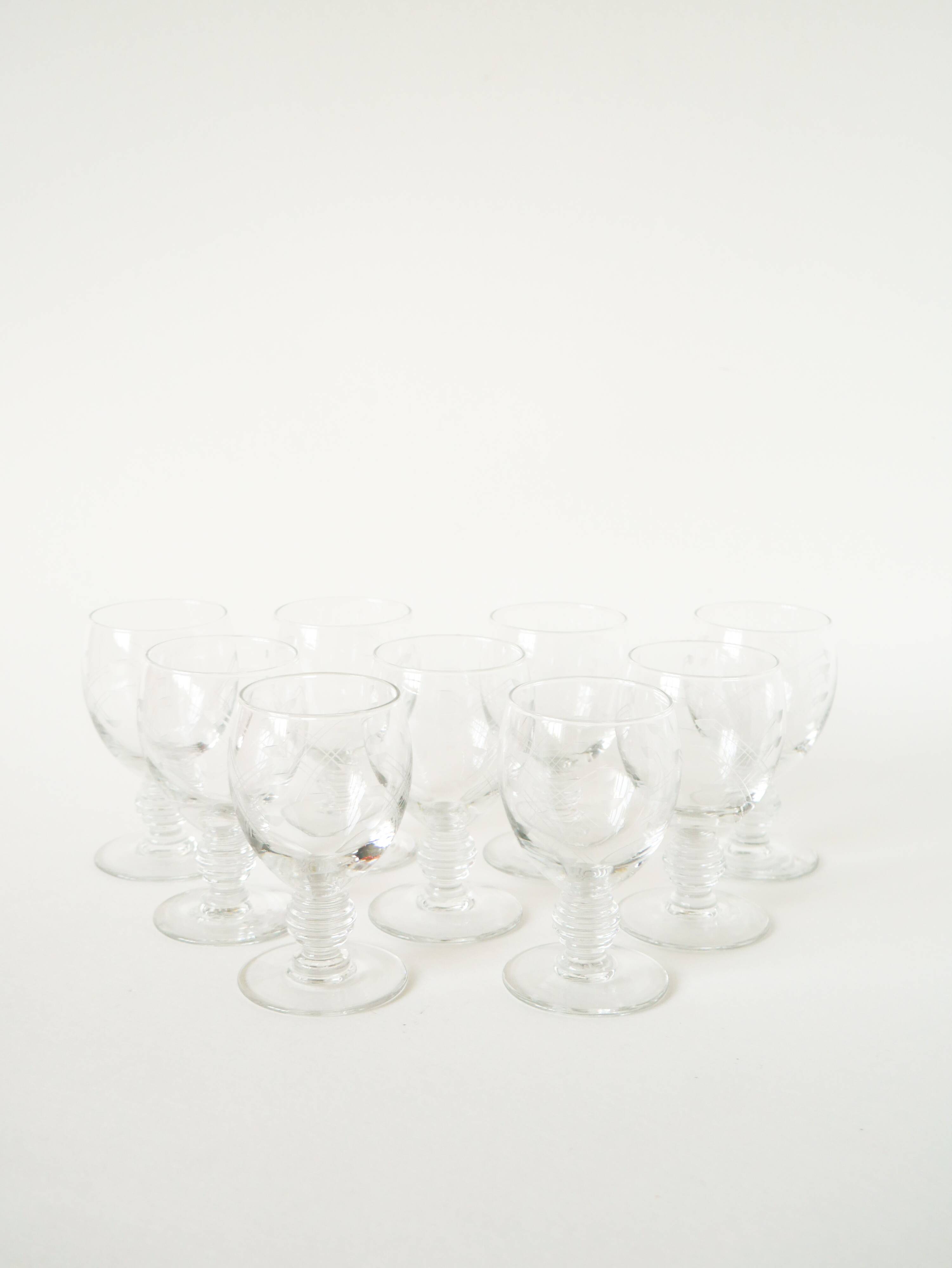 Set of 9 liqueur glasses with engraved crystal stems, Art Nouveau 1910
