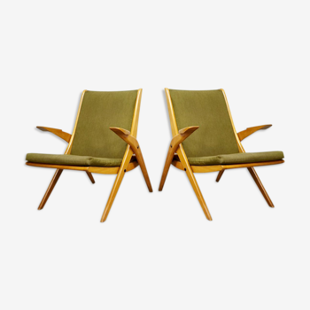Set of 2 vintage design lounge armchairs ‘scissor legs’