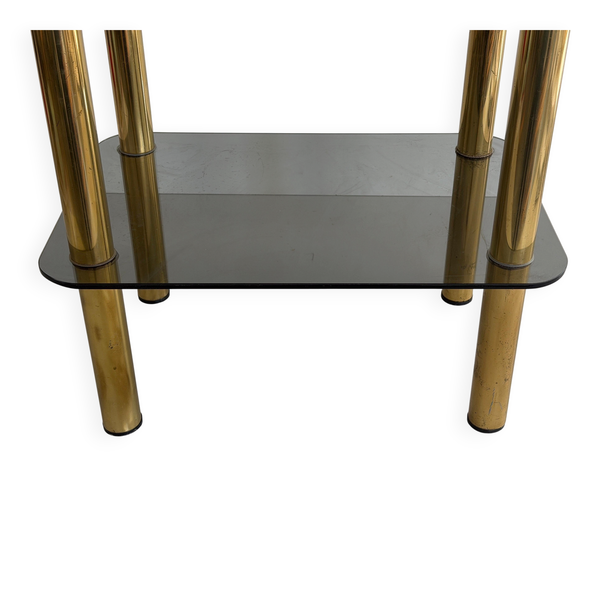Side table in thick greenish glass with brass legs, Italy, 1960s.