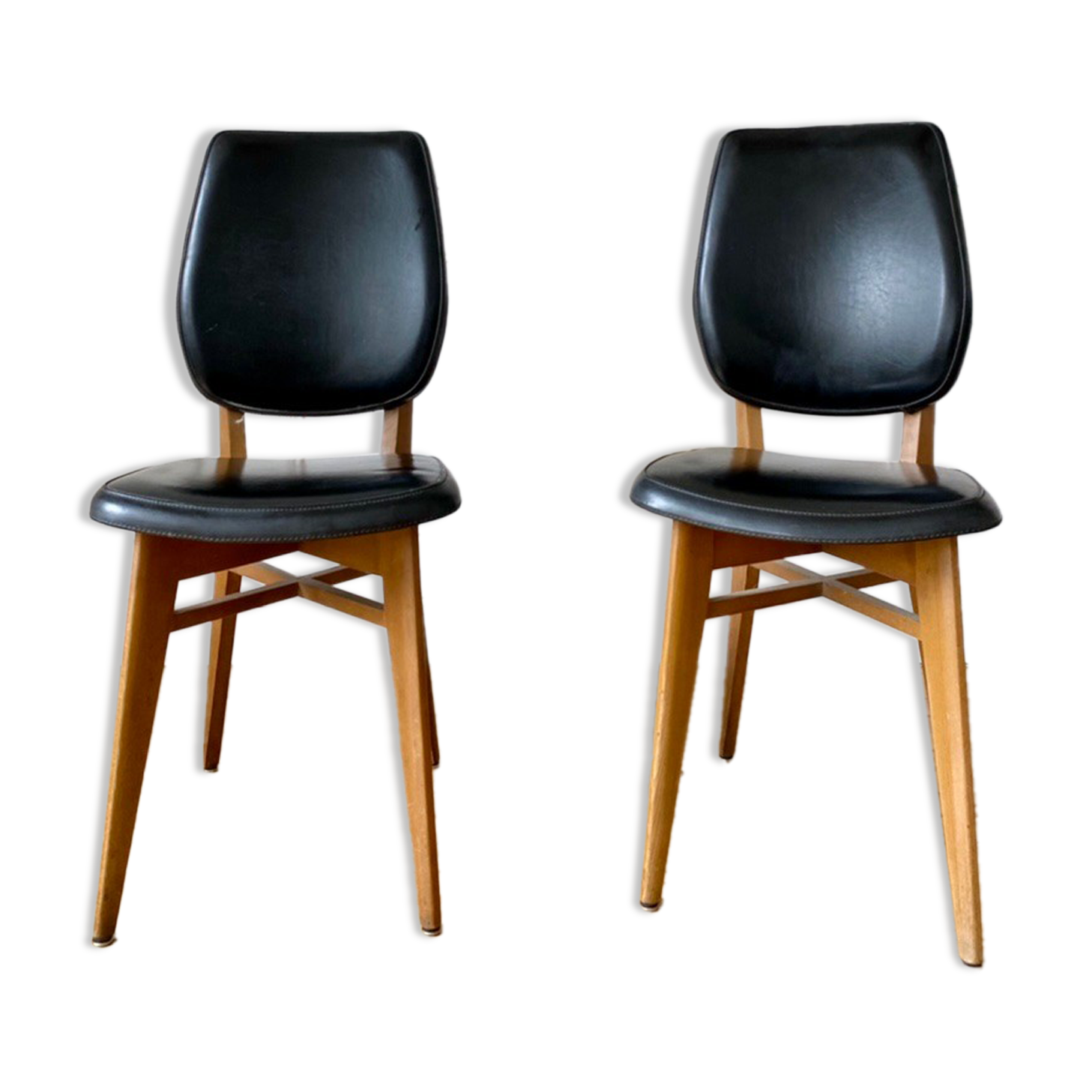 Pair of vintage wood and leather chairs