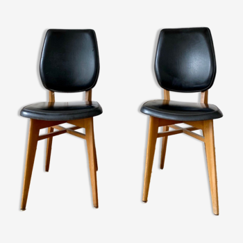 Paire de chaises vintage bois et cuir