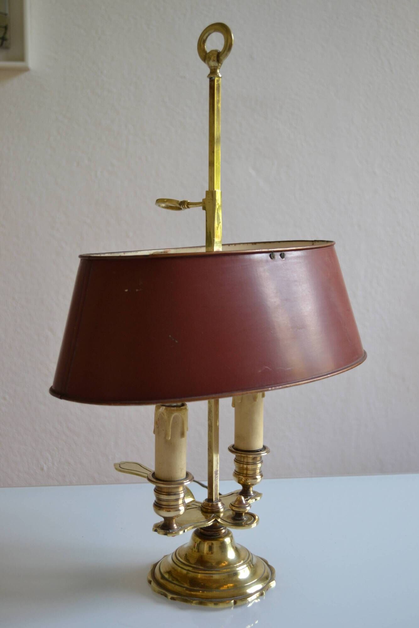 hot water bottle lamp with 2 bronze lights and burgundy sheet metal lampshade