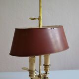 hot water bottle lamp with 2 bronze lights and burgundy sheet metal lampshade