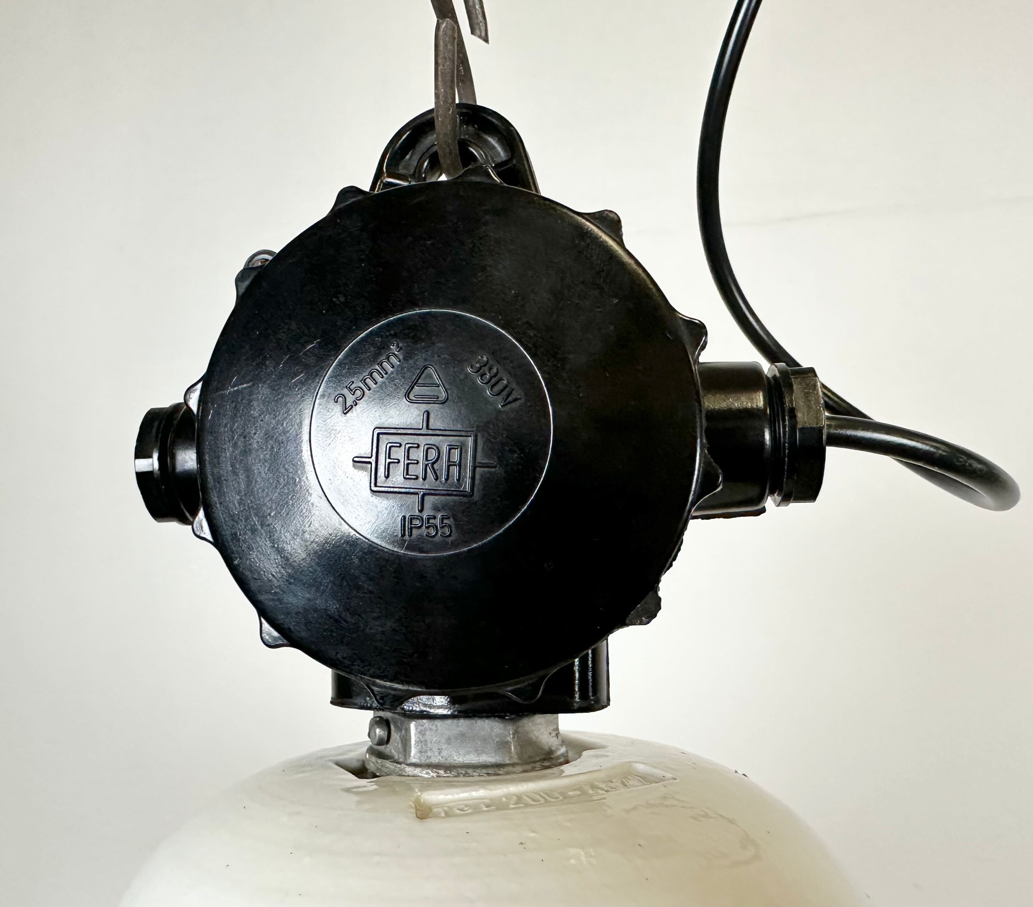 Industrial black enamel lamp with glass cover, 1950s