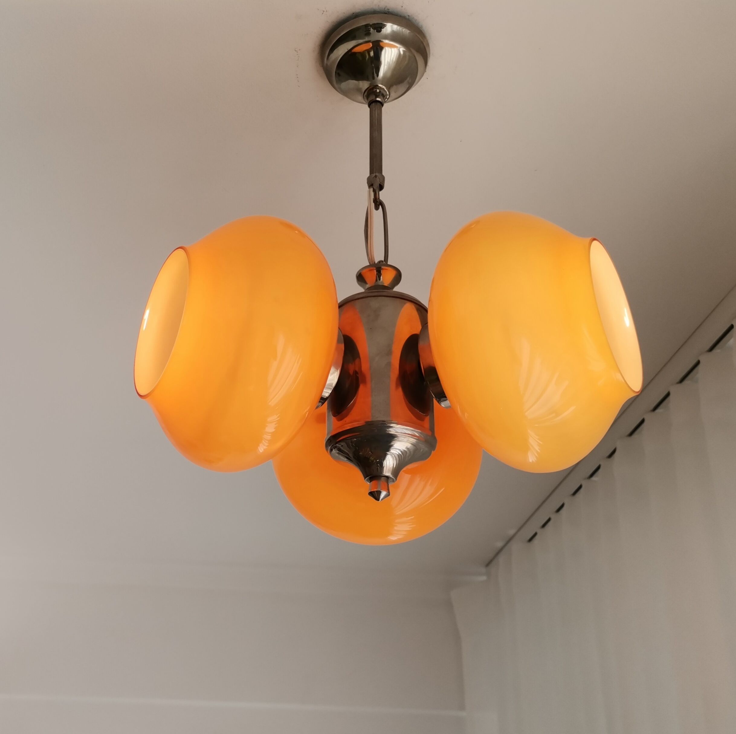 Vintage mid century modern 3-light orange glass chandelier