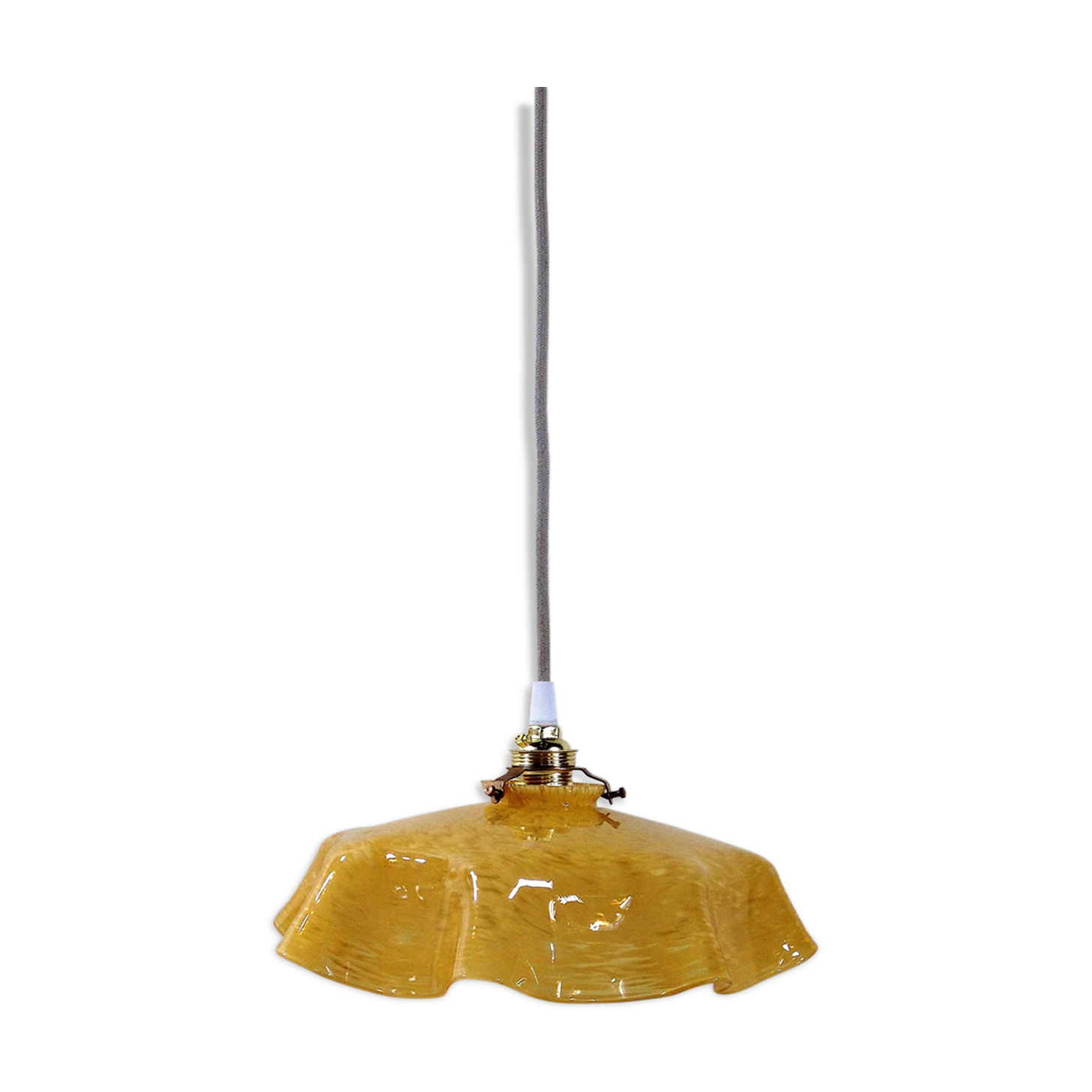 Hanging art deco glass of clichy yellow mustard