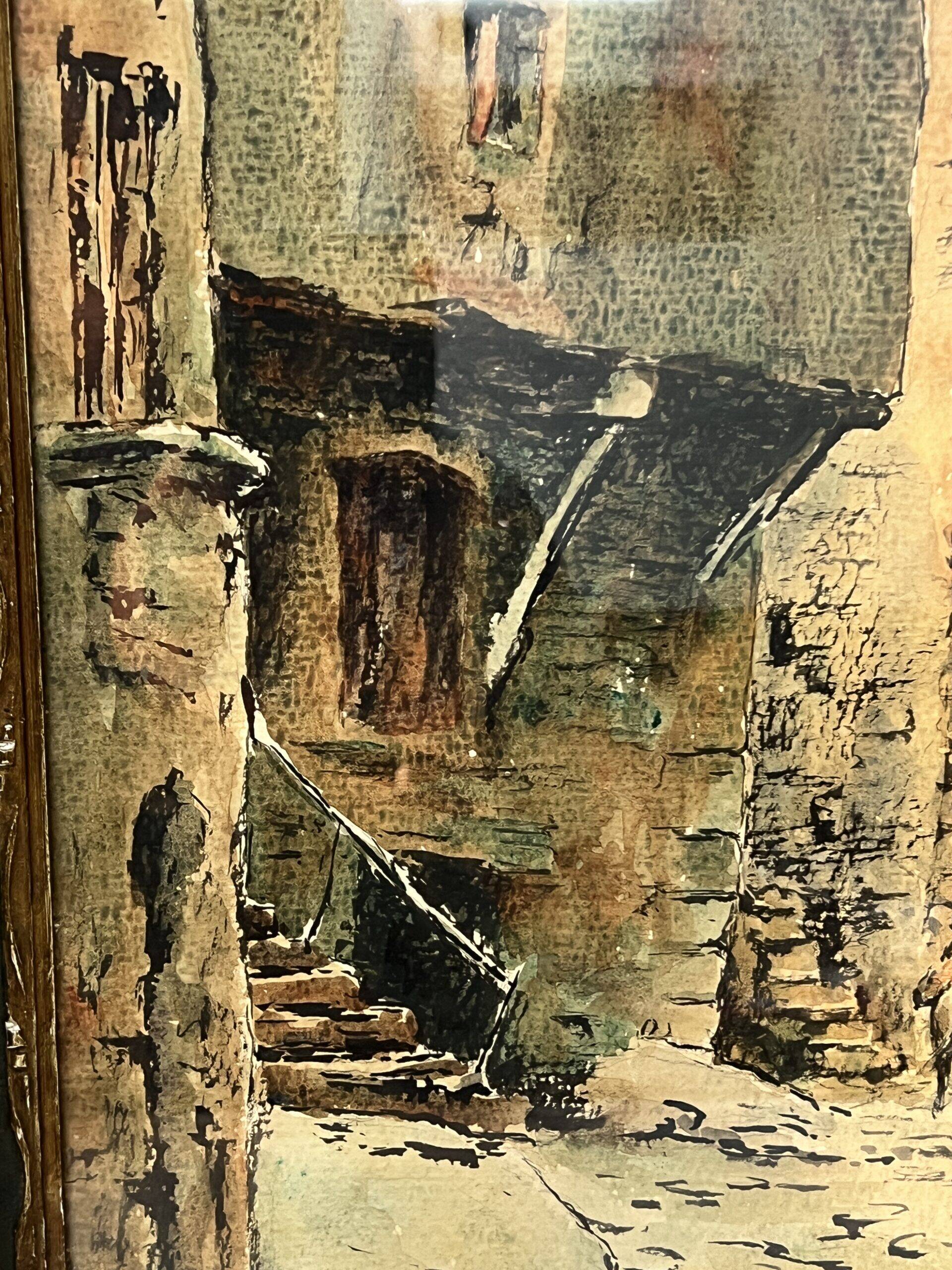 Watercolor by Emile Gudin (1874-1957), rue de Riez, southern town