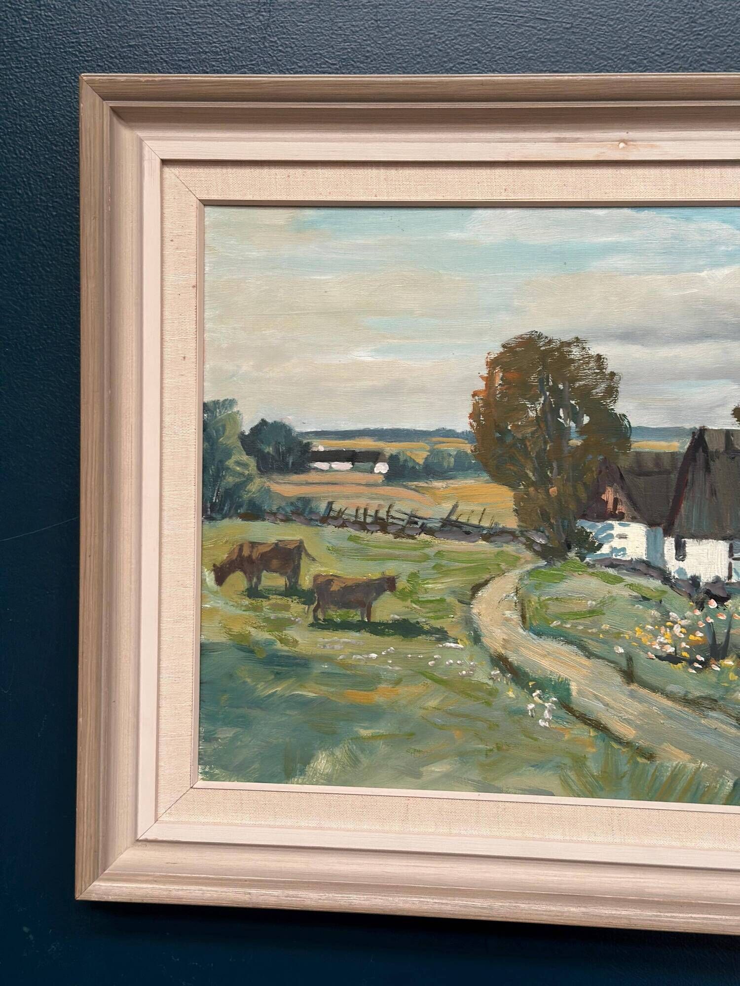 Swedish Oil on Canvas – “Farms with Grazing Cows” by Hjalmar Lindblom
