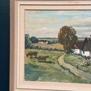 Swedish Oil on Canvas – “Farms with Grazing Cows” by Hjalmar Lindblom