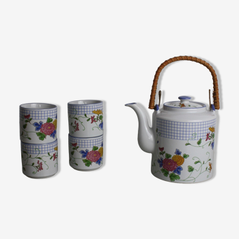 Set de théière et 4 tasses en céramique à fleurs et carreaux