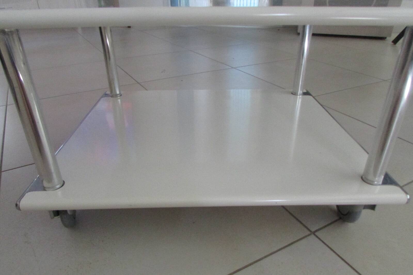 "Space Age" coffee table in white lacquered steel. Double tops. France, Circa