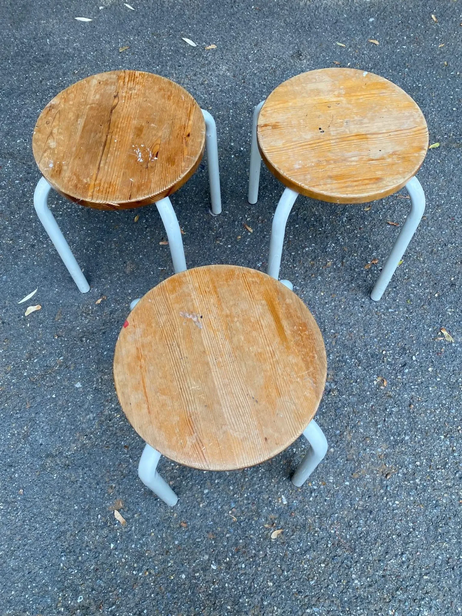 Set of 3 stackable stools in Ikea Frosta style, solid wood and steel, 1990.
