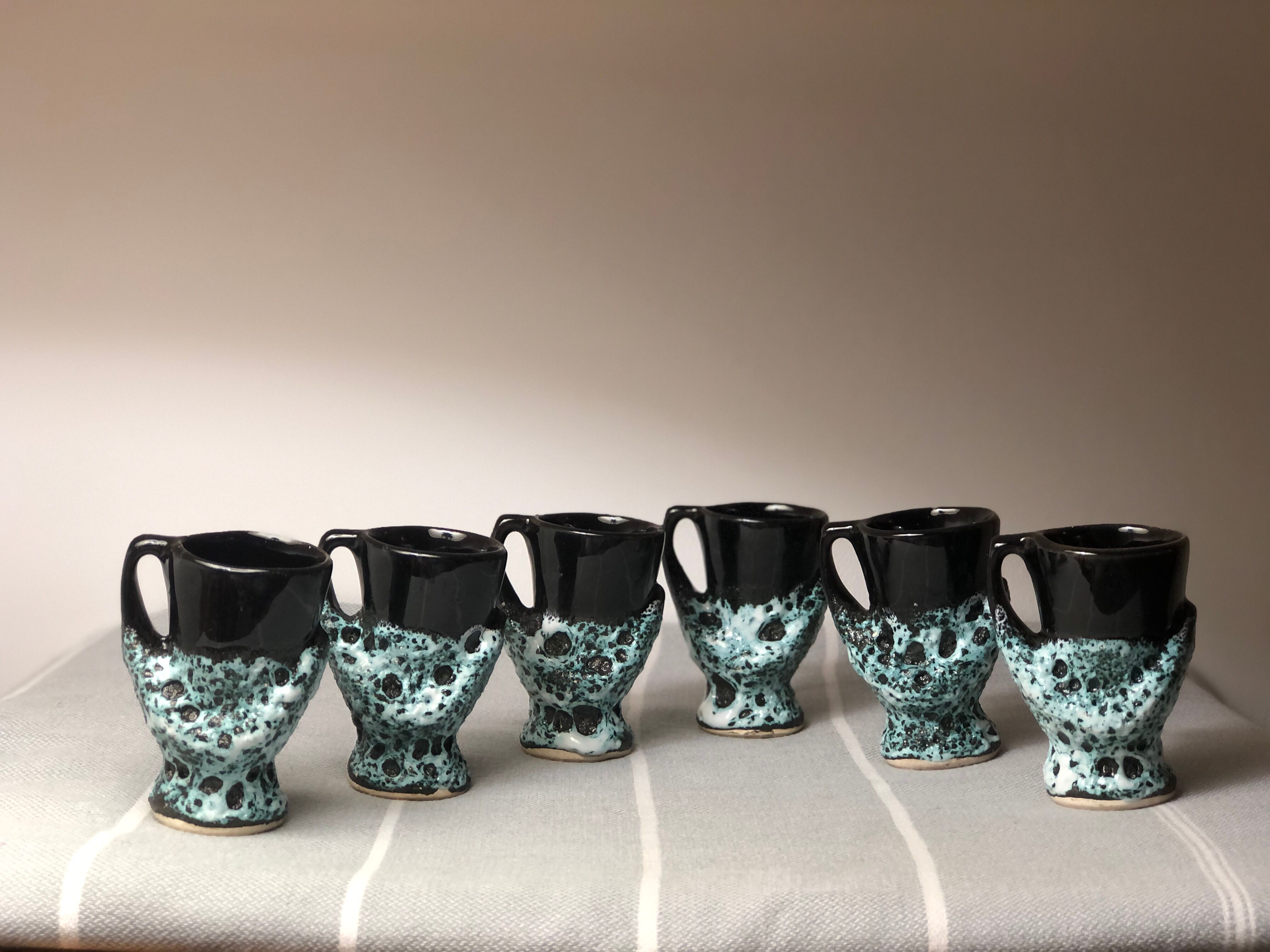 Old coquetiers signed Vallauris Turquoise and Red