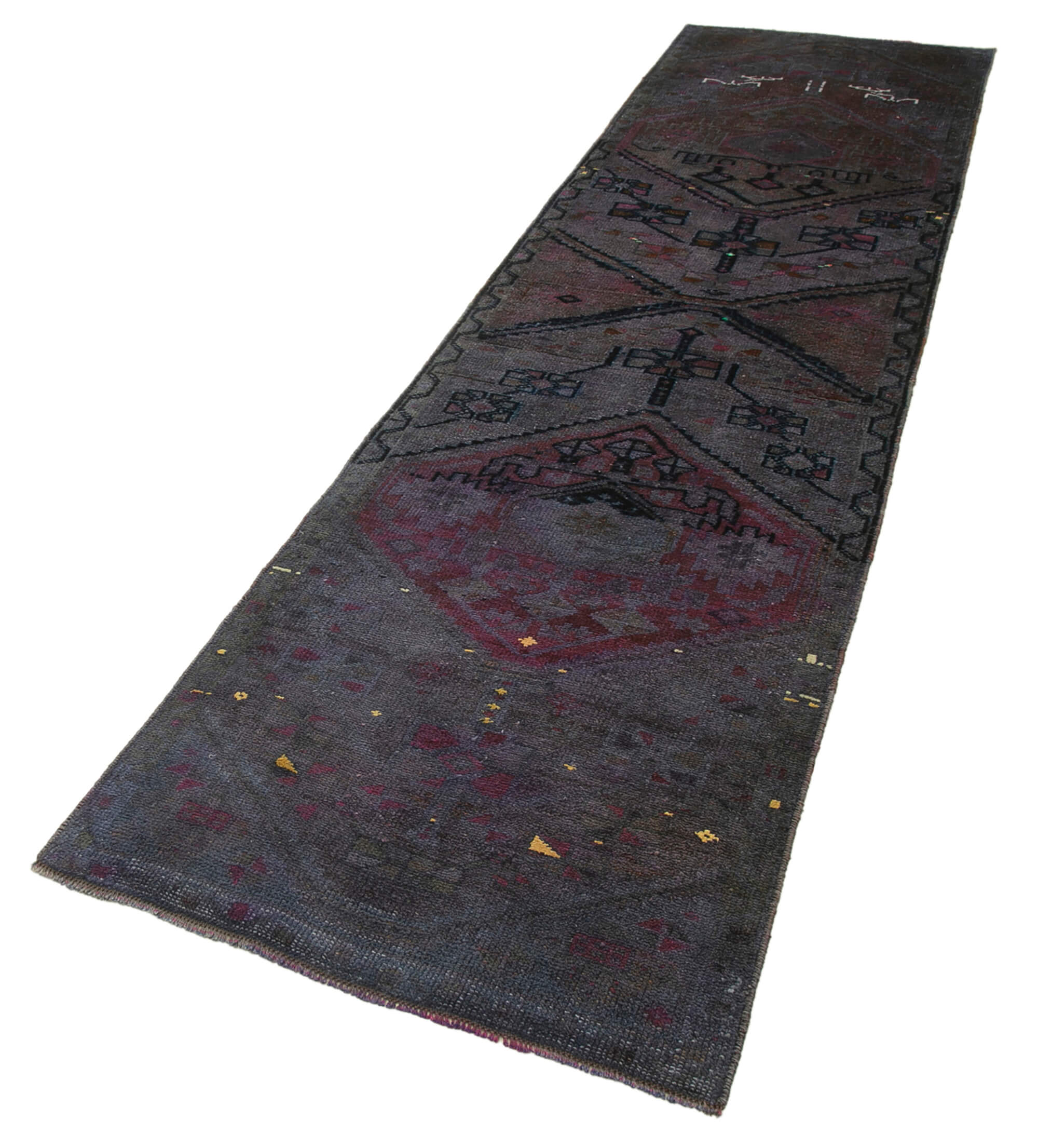 Handwoven distressed anatolian purple runner carpet 85 cm x 317 cm