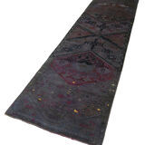 Handwoven distressed anatolian purple runner carpet 85 cm x 317 cm
