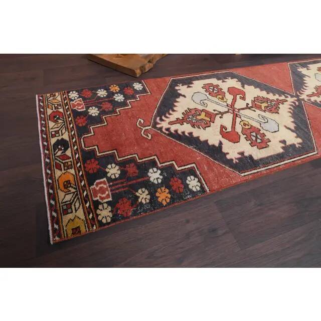 Vintage Turkish Oushak Handmade Wool Cotton Red Runner Rug 73x330