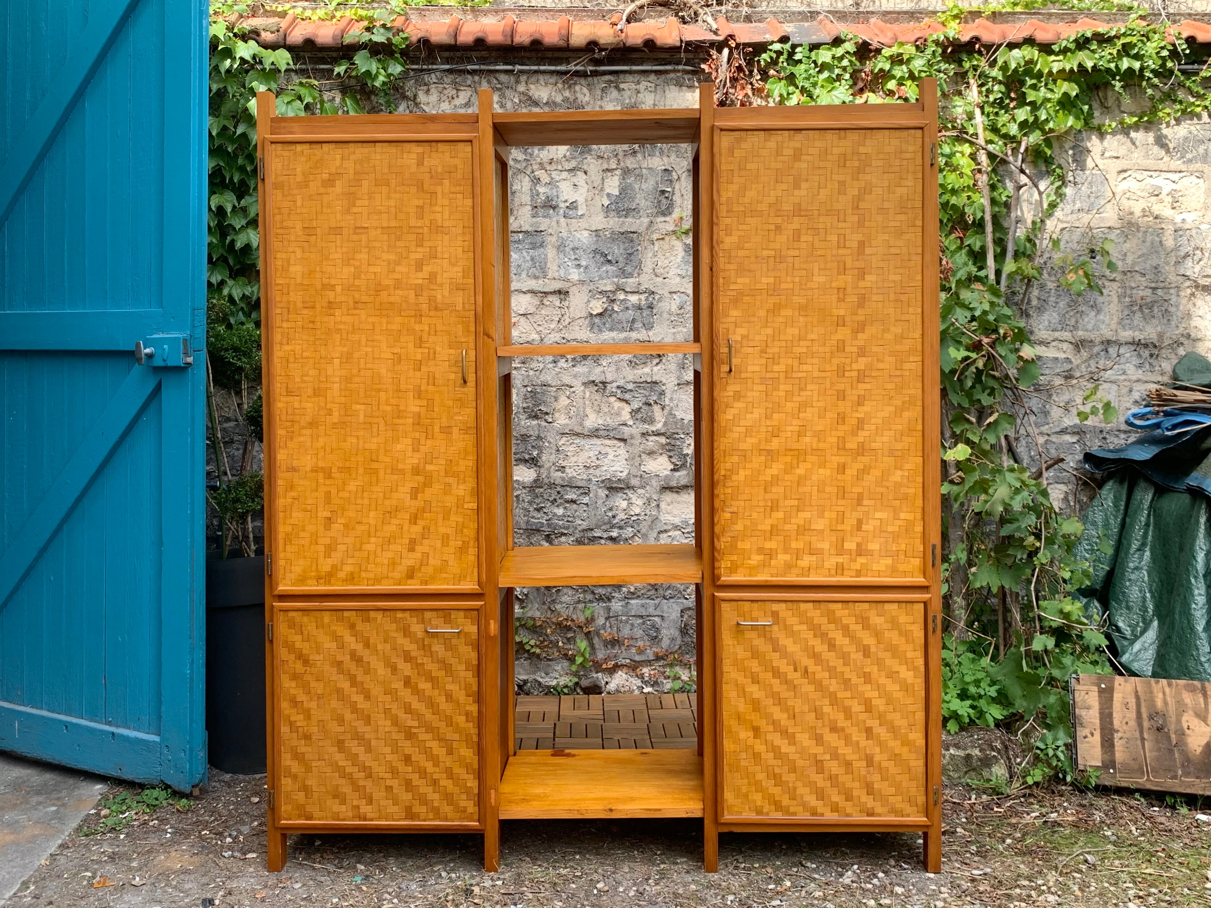 Bamboo cabinet woven and modular pine vintage 1960