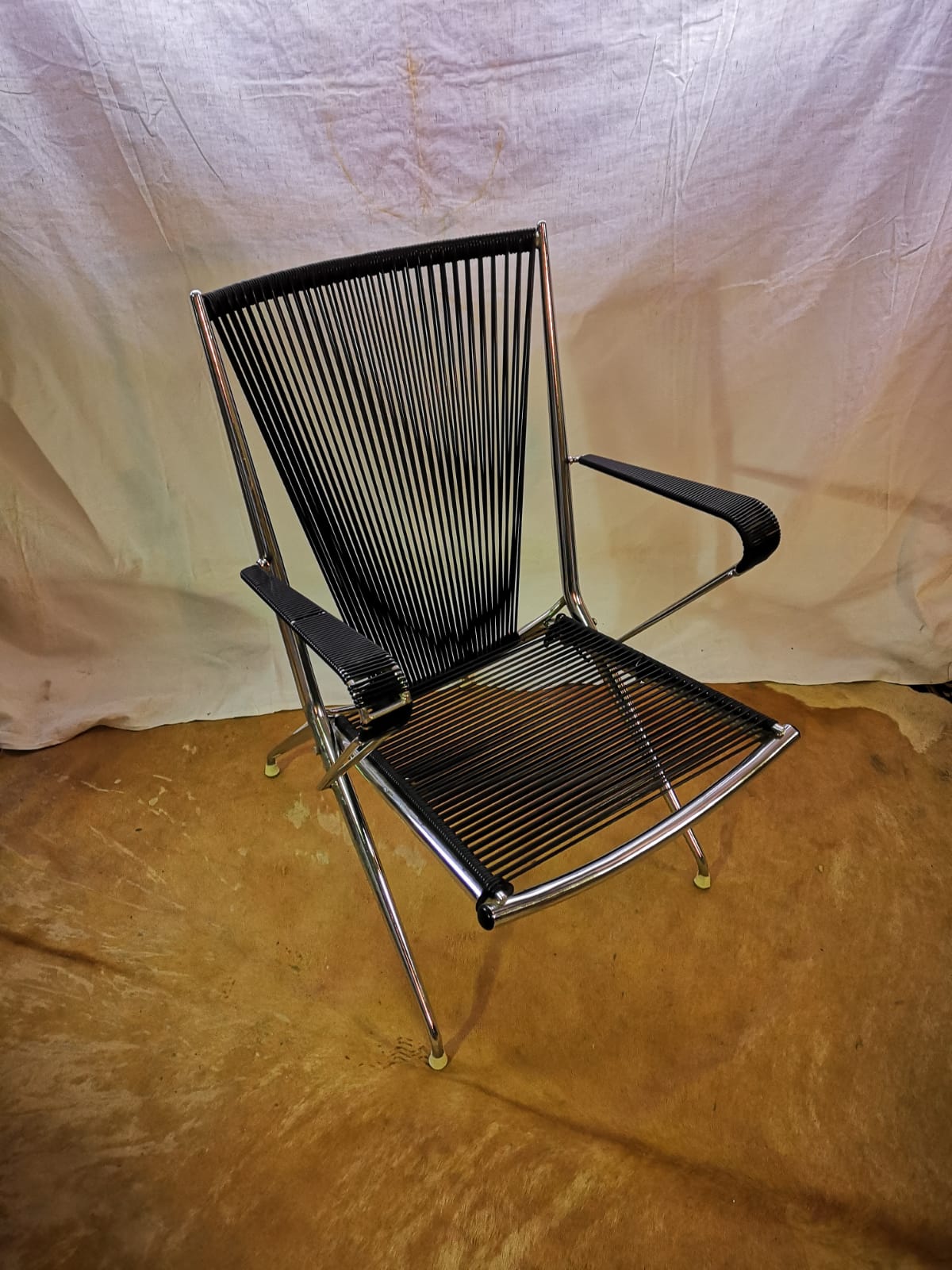 Chromed metal armchair with black scoubidous 1960