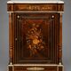 Elegant Napoleon III style commode with fine marquetry, gilded bronze mounts, and a marble top.