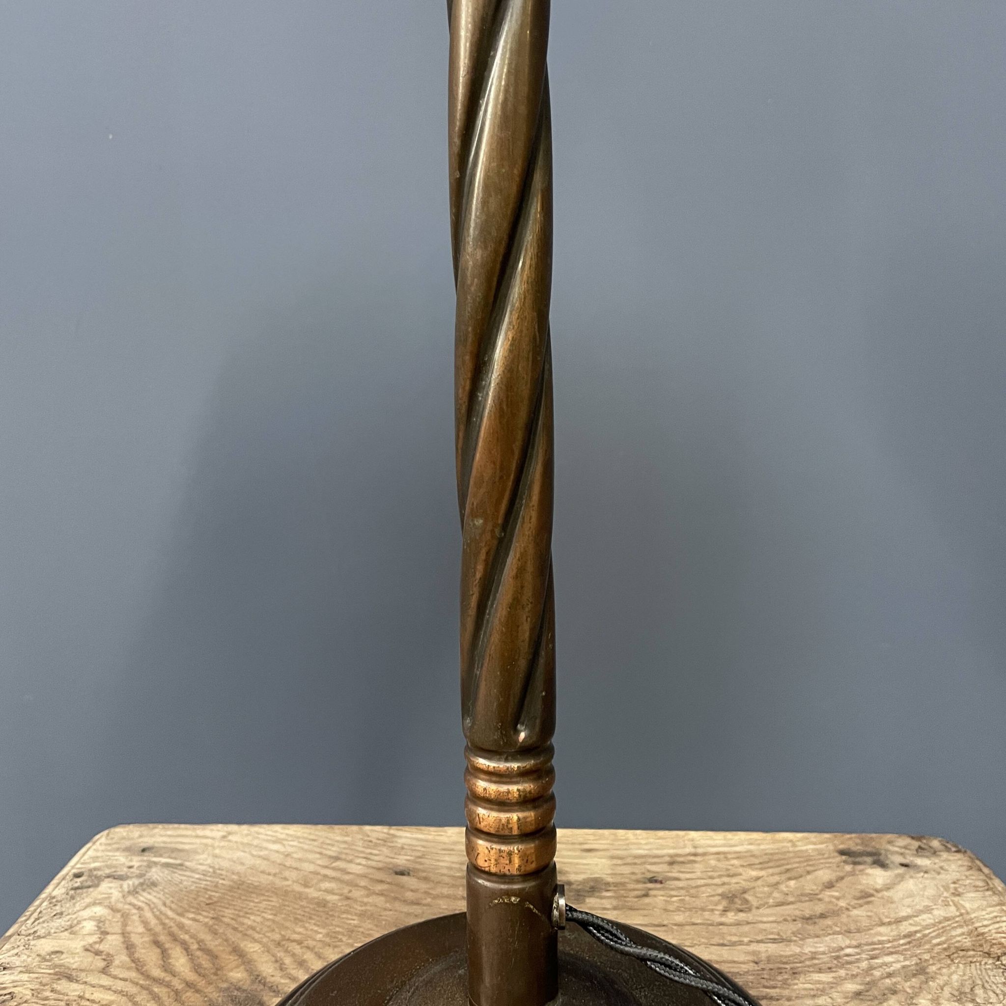 Standing copper table lamp with glass shade