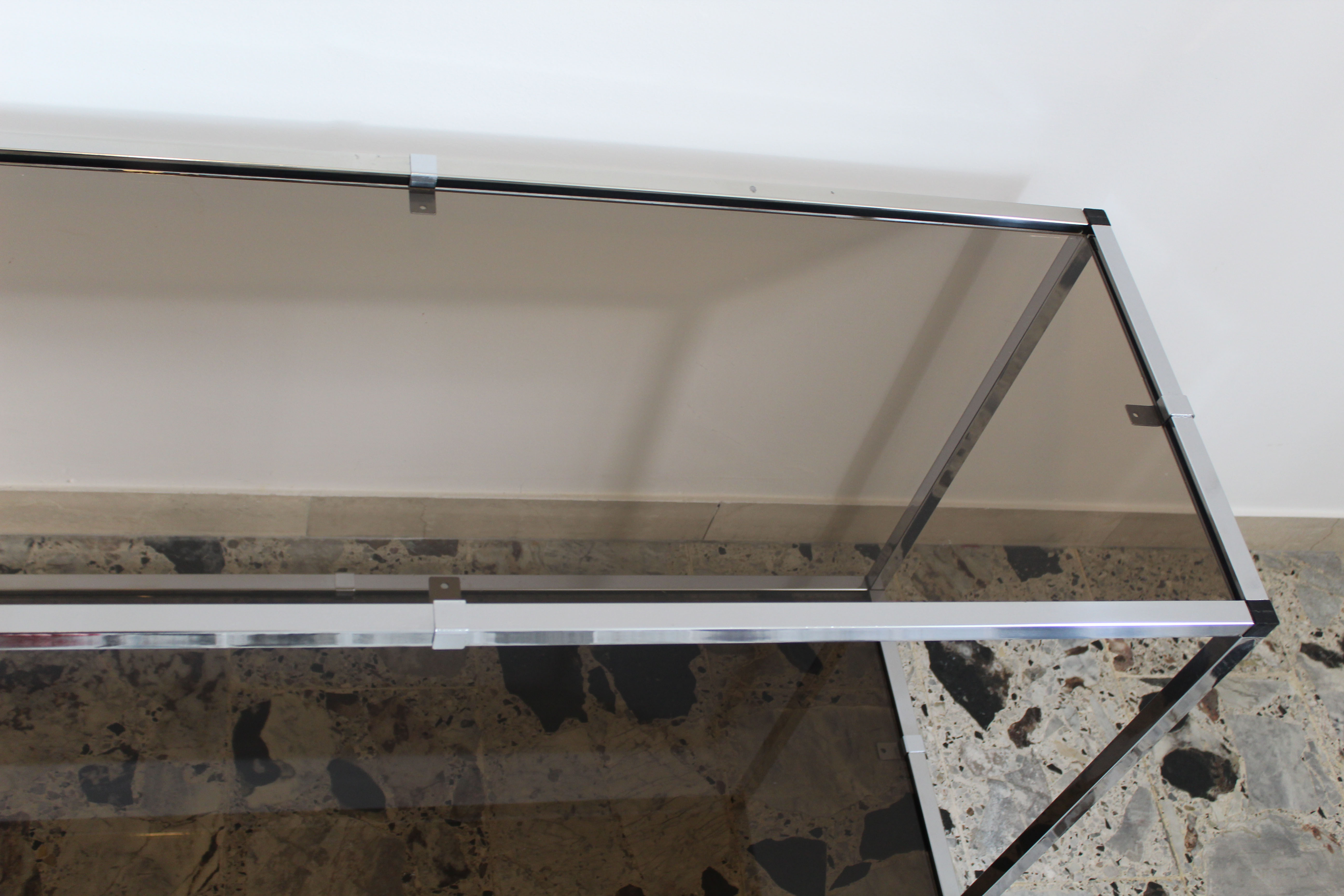 Console in chromed metal and smoked glass, Italy 70's