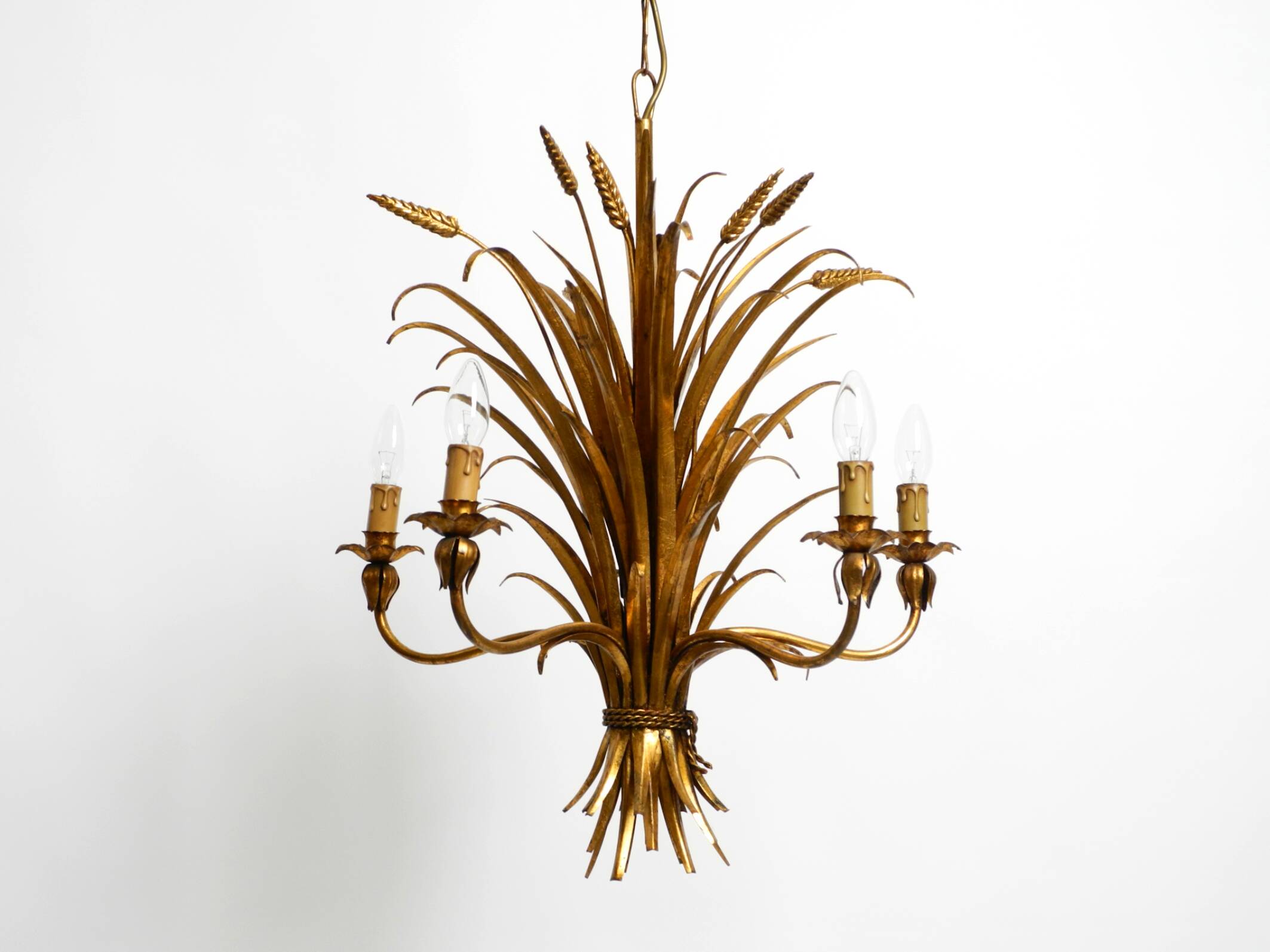 Beautiful huge 1970s gold-plated 5-arm tall metal chandelier by Hans Kögl