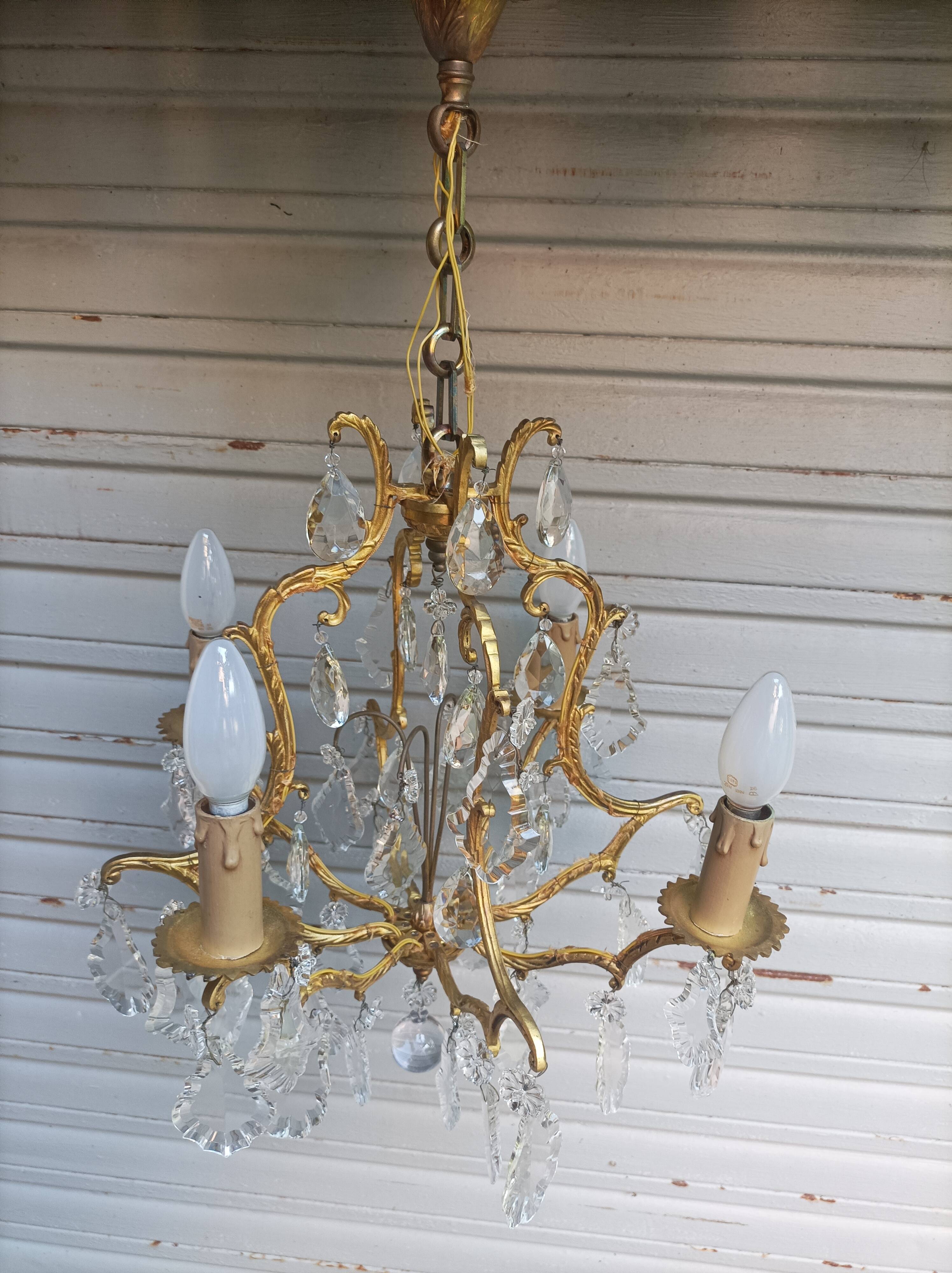 Rare old cage chandelier in gilded bronze and crystal 4 lights / WORKING CONDITION LEFT?