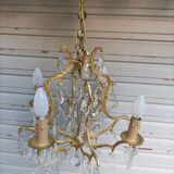 Rare old cage chandelier in gilded bronze and crystal 4 lights / WORKING CONDITION LEFT?