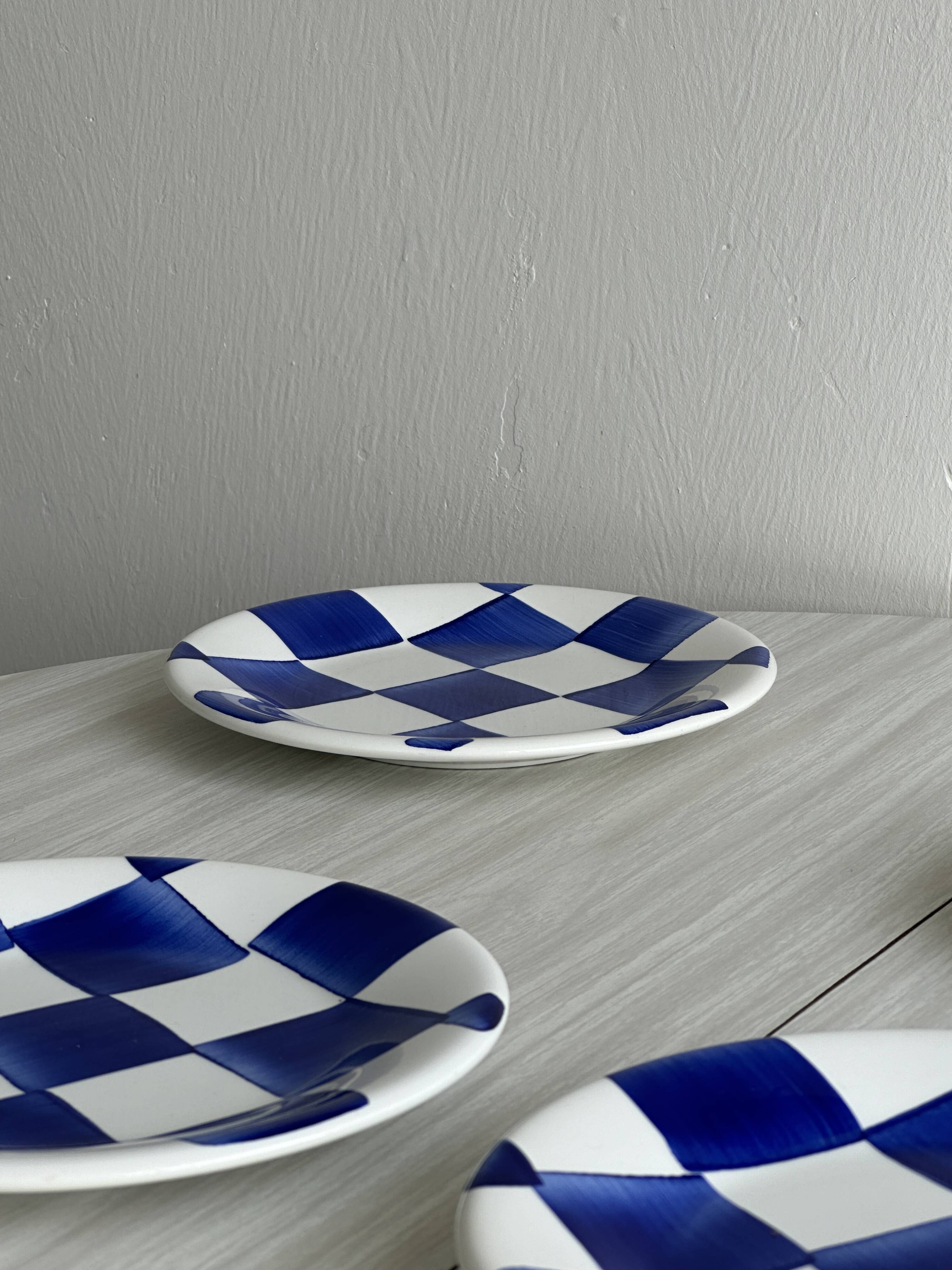 Set of 5 blue and white checkered porcelain dessert plates