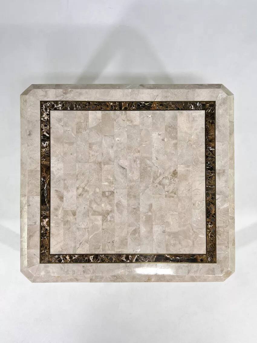 Square coffee table from the 70s - 80s in stone and brass marquetry