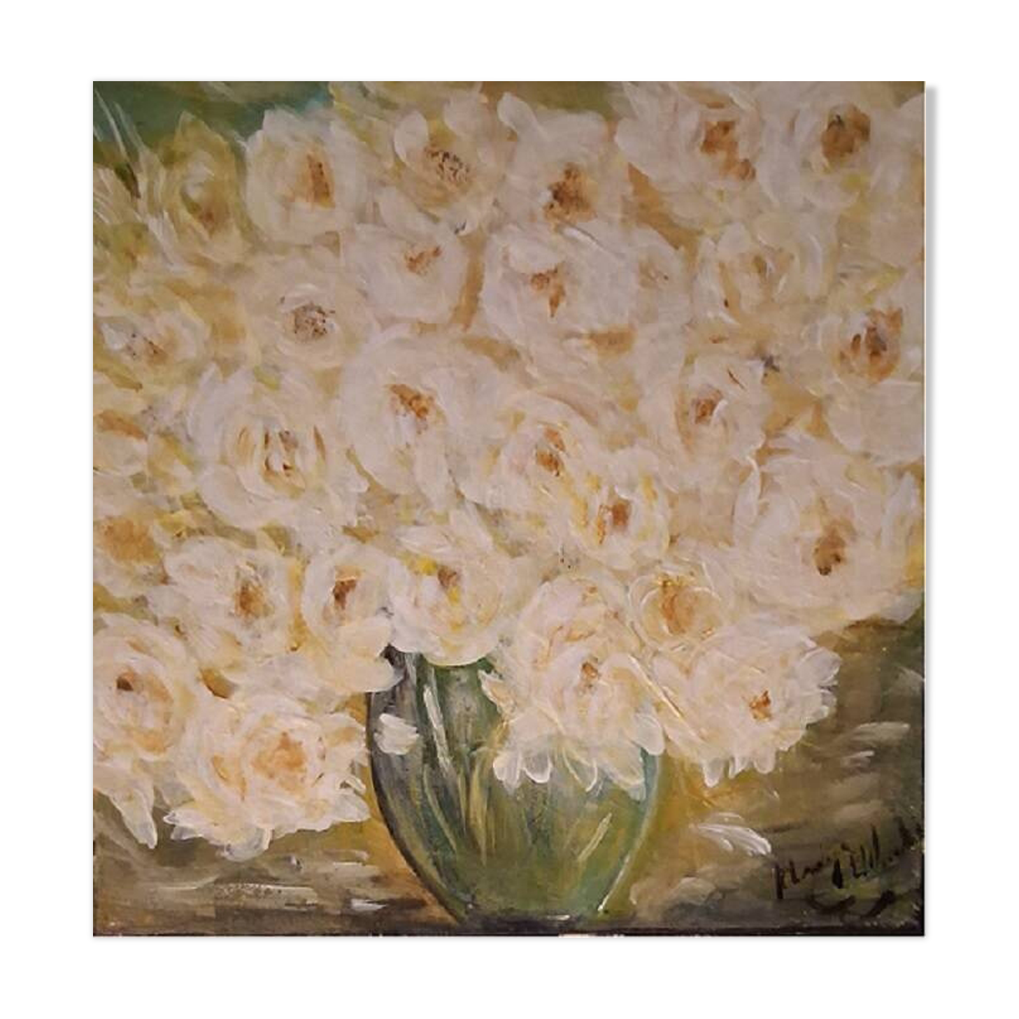 Original signed white flower bouquet painting with its certificate