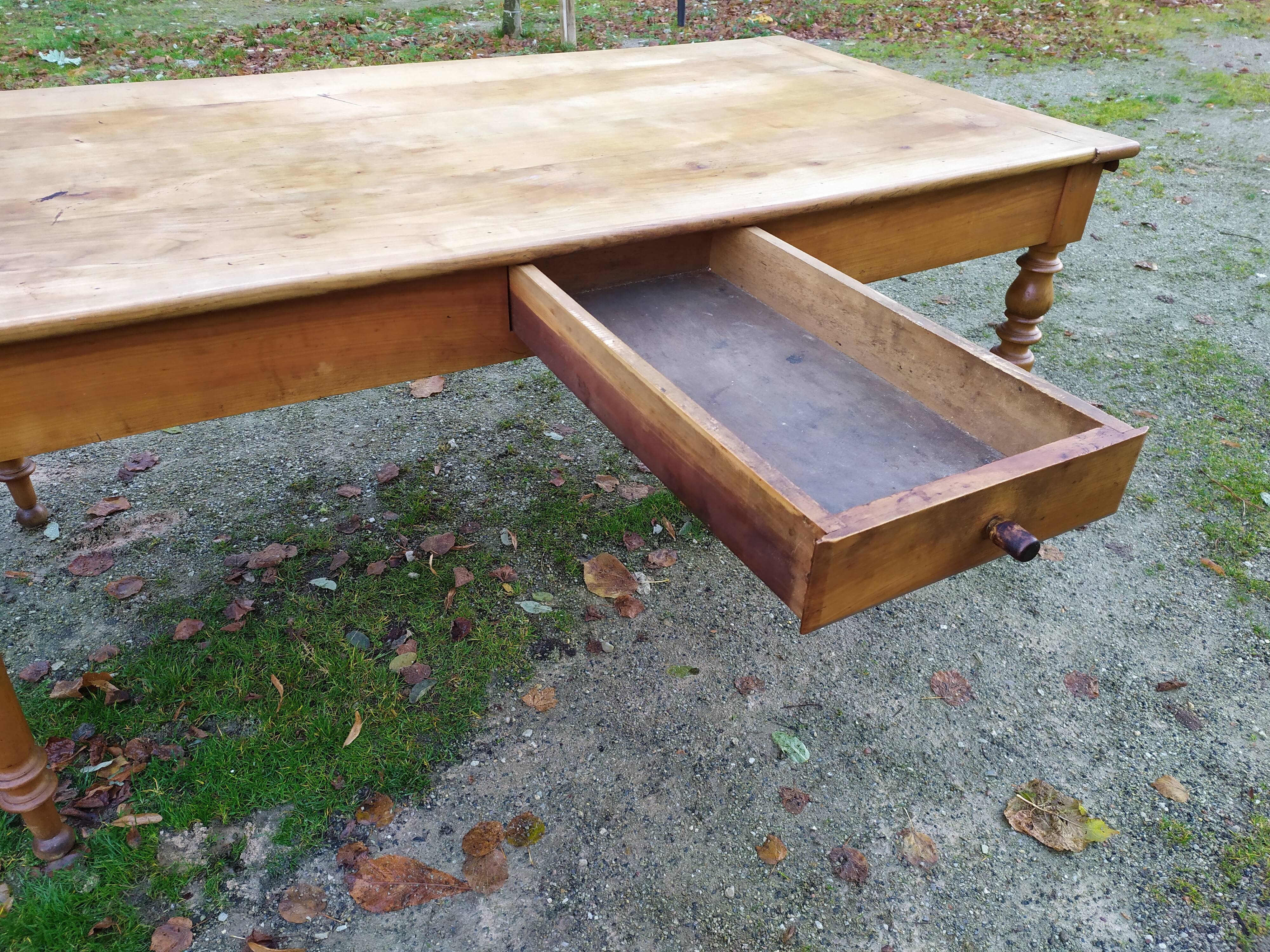 Cherry farm table, turned legs, 2 extensions