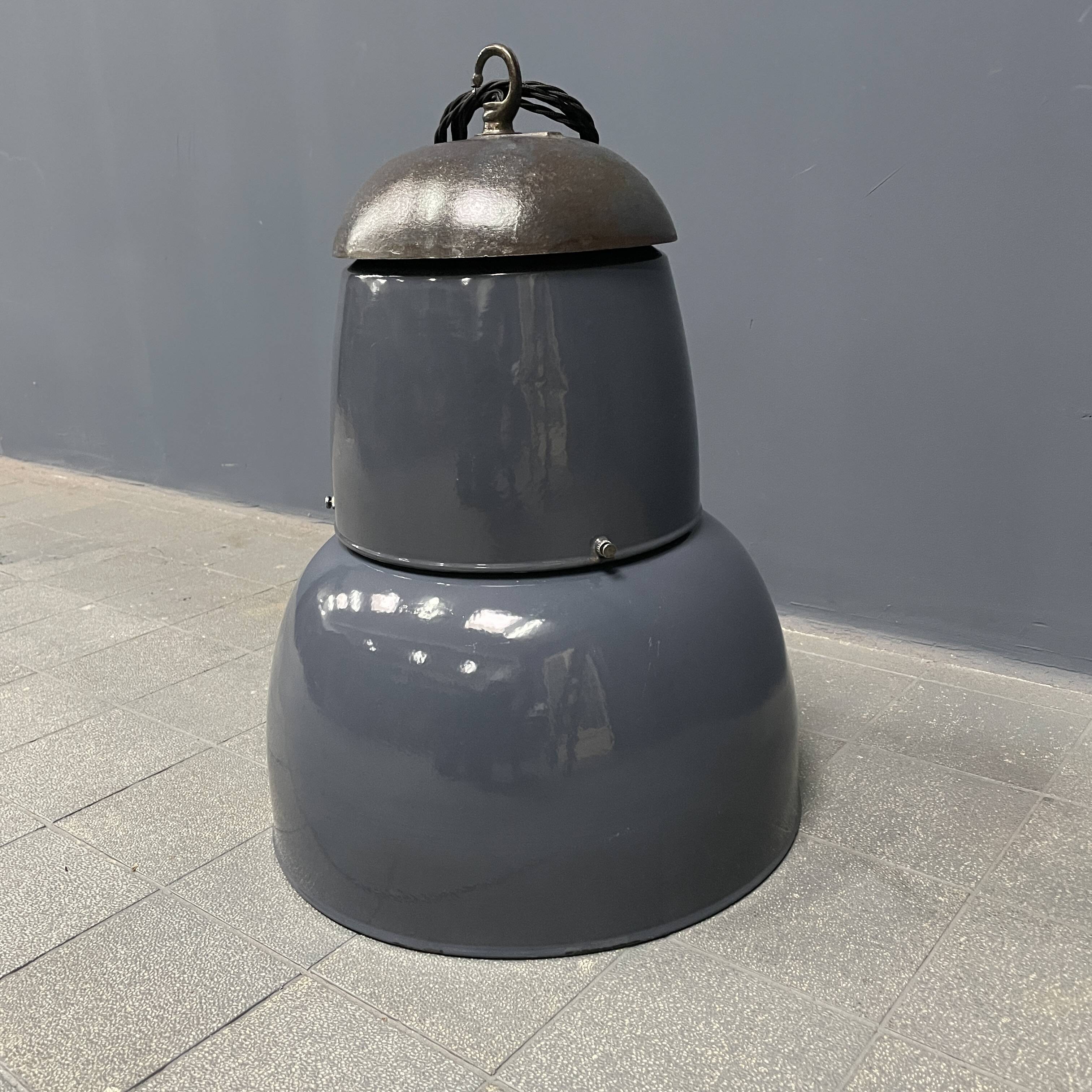 Large old industrial blue-gray enamel pendant lamp