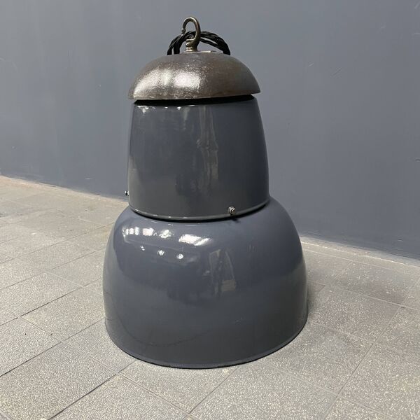 Grande lampe à suspension industrielle ancienne en émail bleu-gris
