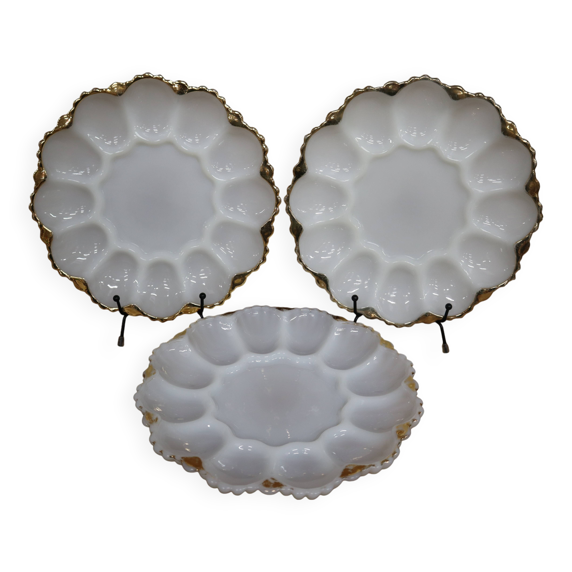 3 vintage plates for deviled eggs / oysters in white glass and gold