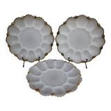3 vintage plates for deviled eggs / oysters in white glass and gold