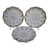 3 vintage plates for deviled eggs / oysters in white glass and gold